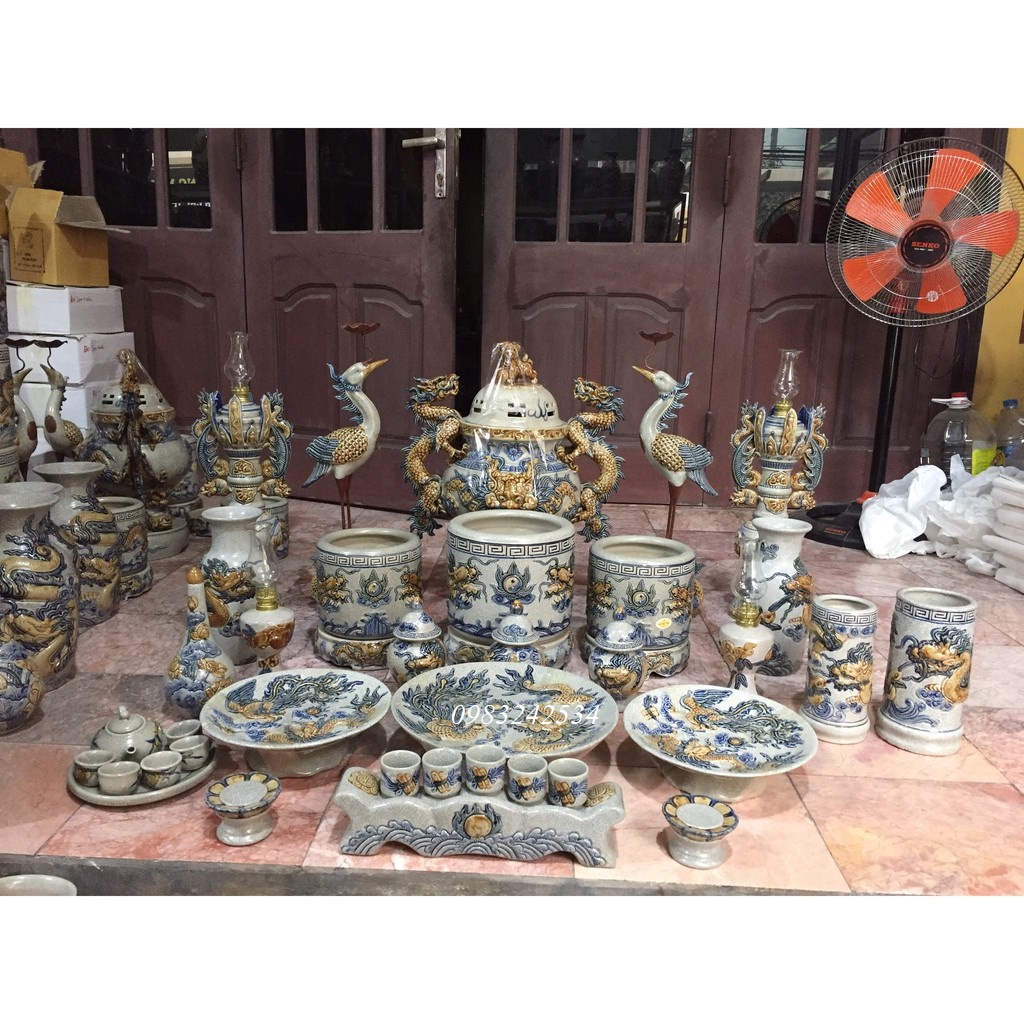Bộ Đồ Thờ Men Rạn Đắp Nổi Rồng Tinh Xảo/ Hàng Kỹ/ Đồ Thờ Bát Tràng Chính Hãng