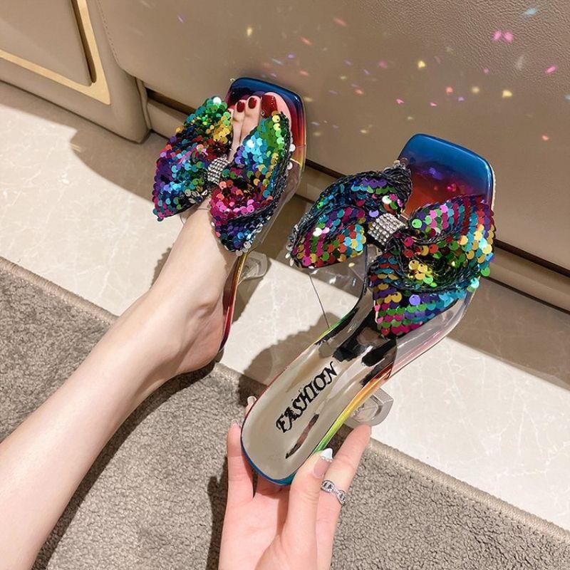 Dép Cao Gót Quai Ngang Trong Suốt Đính Đá Nhiều Màu Thời Trang Mùa Hè Cho Nữ