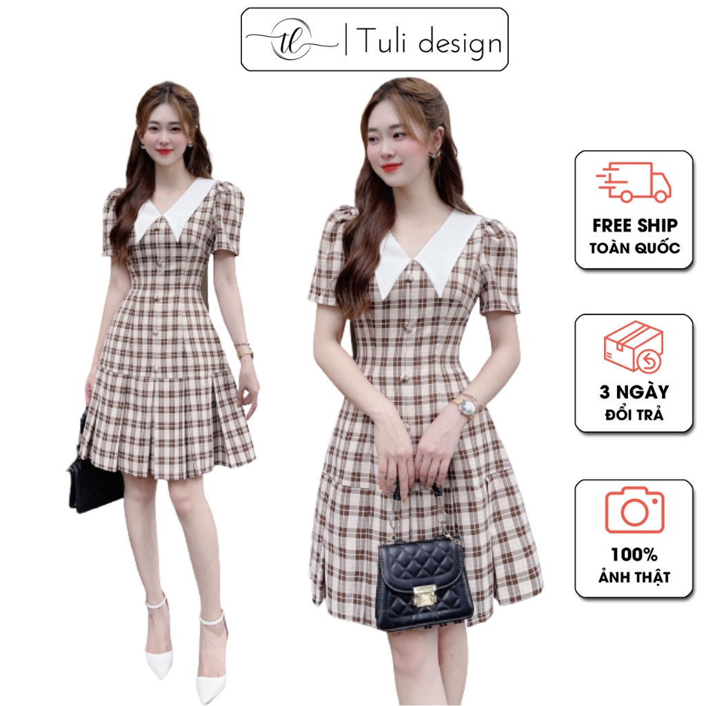 Váy thiết kế kẻ caro có cổ v dáng xòe xếp li V139 - Tuli design