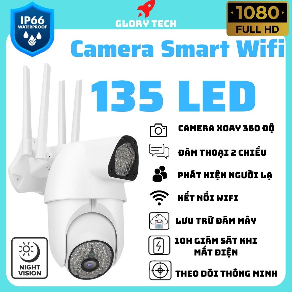 🔥Camera Ngoài Trời🔥Camera Wifi Smart 135Led FULLHD Xoáy 360 Độ | Chống nước IP66 | Phát hiện người lạ | Lưu trữ đám mây