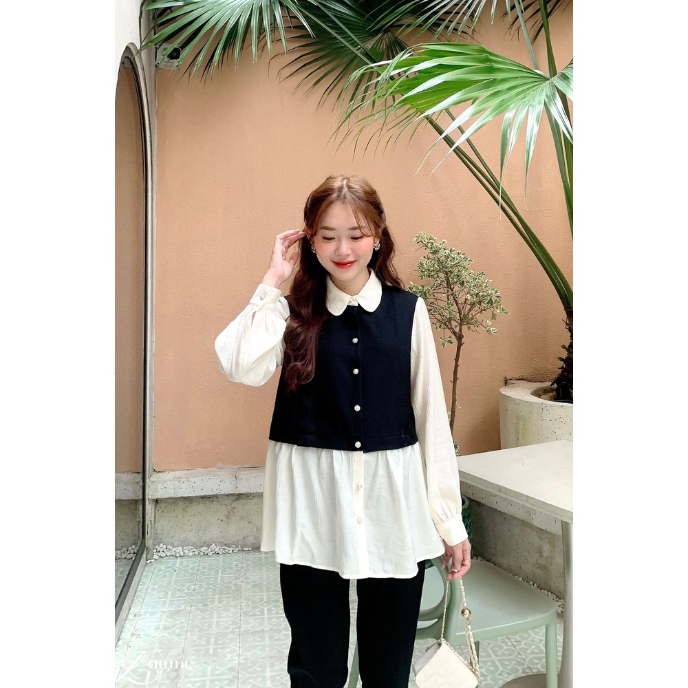 Áo bầu MARA SHIRT tay đũi phối vải bố xước, kiểu dáng lịch sự, phù hợp môi trường công sở thiết kế bởi LAMME