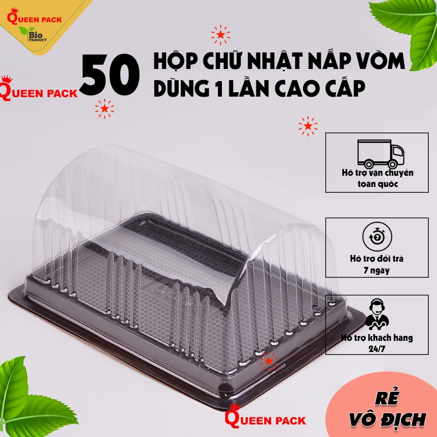 SET 100 Hộp Nhựa CHỮ NHẬT (ĐẾ ĐEN) Có nắp vòm Trong Suốt - Hộp Đựng Bánh Bông Lan, Bánh NGỌT