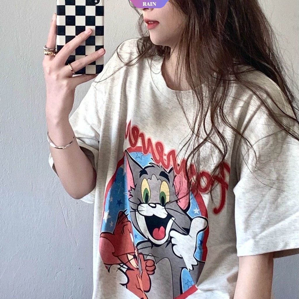 Áo Thun Cotton Tay Lỡ Dáng Rộng In Họa Tiết Hoạt Hình Tom Và Jerry Dễ Thương Cho Nữ