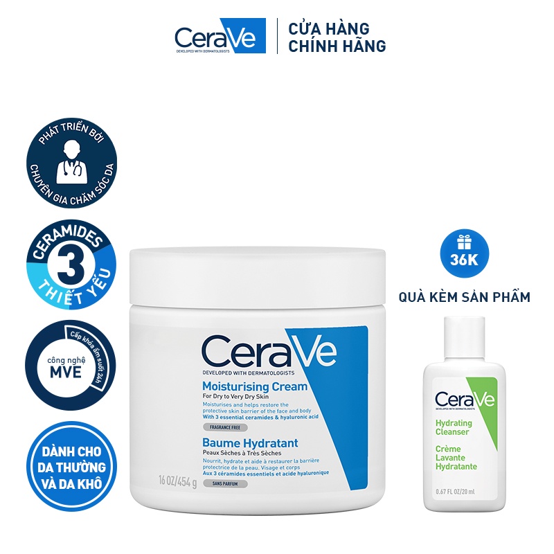 Bộ sản phẩm Cerave kem dưỡng ẩm cho da khô và Sữa rửa mặt CeraVe sạch sâu cho da thường