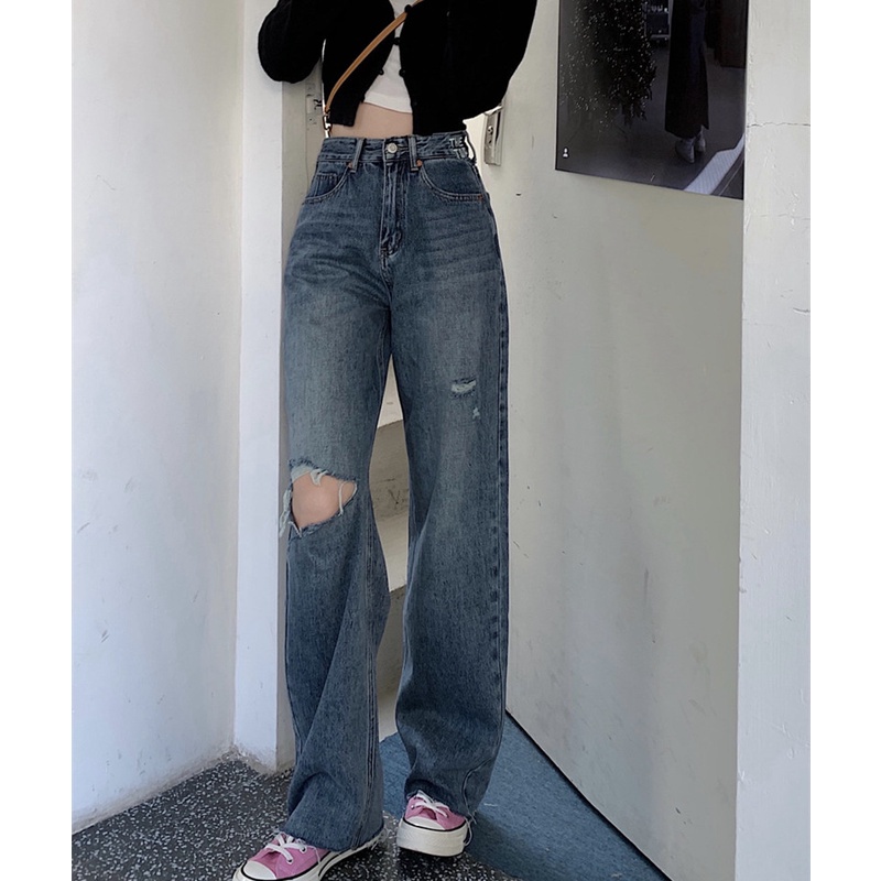 Mua Quần Jeans nữ rách ống rộng lưng cao màu xanh lam cá tính thời ...