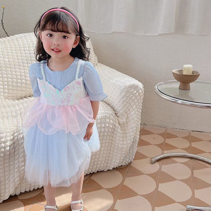 Đầm Công Chúa Tay Ngắn Cổ Tròn Màu Trơn Thời Trang Mùa Hè Cho Bé Gái Se7en