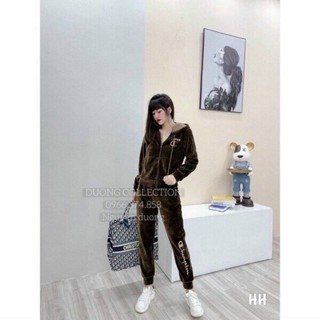 Bộ nhung nữ, bộ thu đông nữ,bộ thể thao nhung nữ xuất dư 2 màu nâu và đen thêu chữ bo gấu