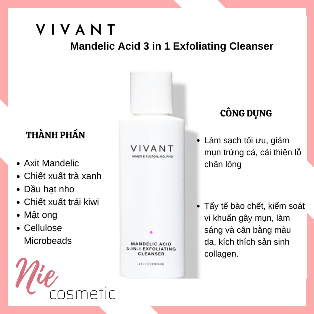 Sữa rửa mặt tẩy da chết Vivant Mandelic Acid 3-in-1 Exfoliating Cleanser 115ml