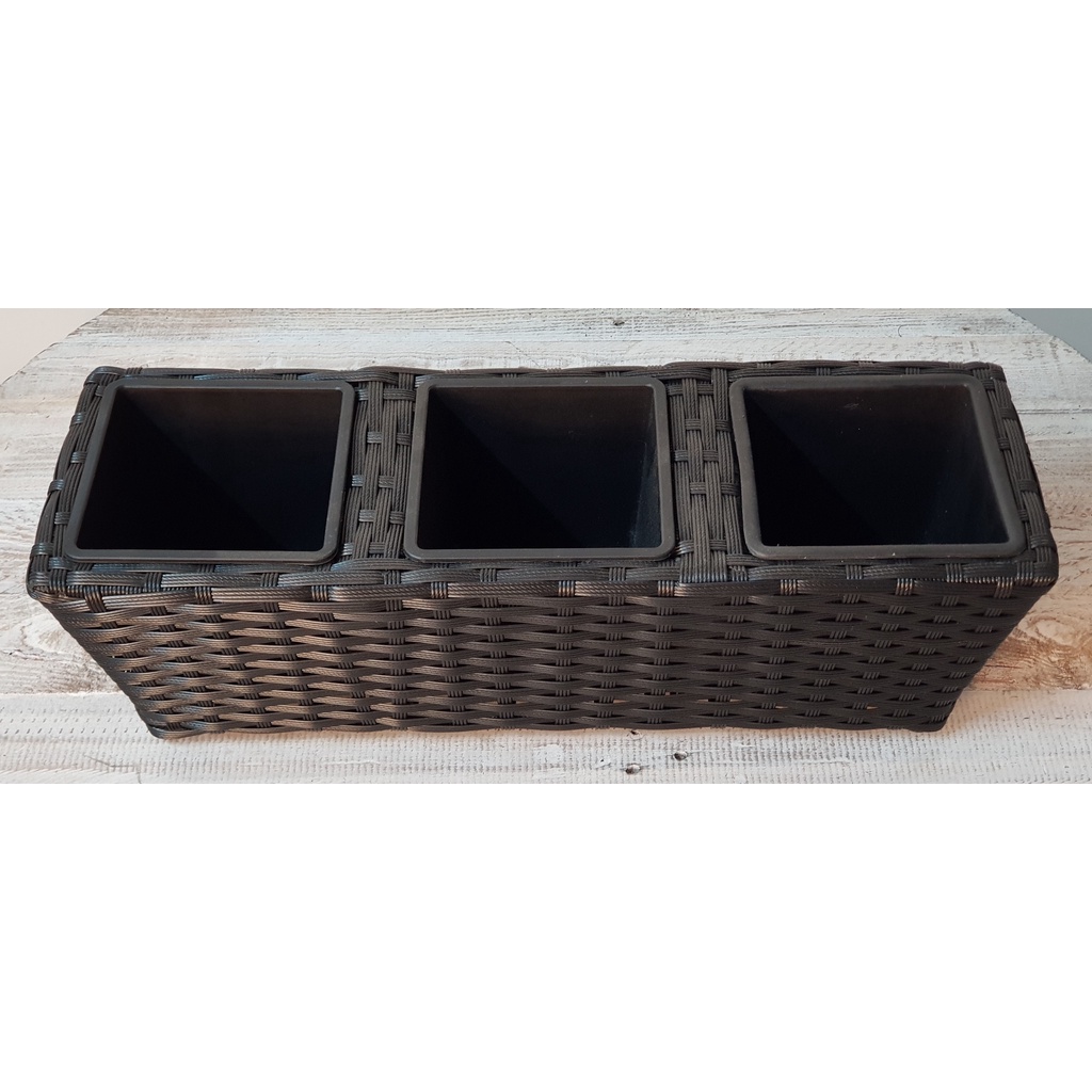 HASA- Chậu trồng đan dây nhựa, 3 ô trồng, màu đen, 100% handmade