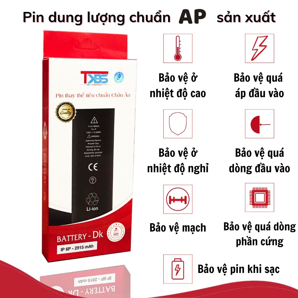 Pin điện thoại TKBS 5 5S 6 6S 7 8 Plus X Xs Xr Xsmax dung lượng chuẩn, tặng kèm kéo dán và tua vít - BH 12 tháng
