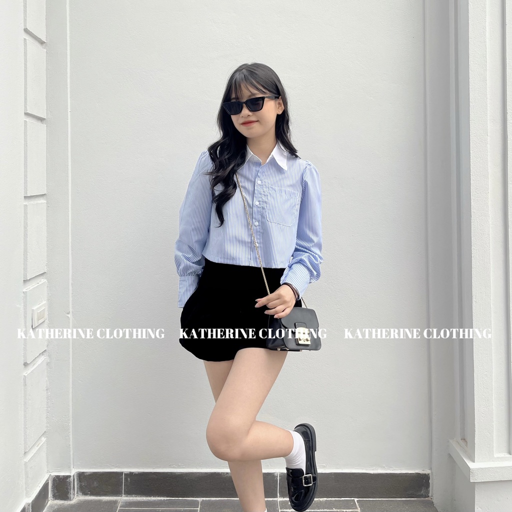 Áo sơ mi nữ kẻ xanh phối cổ trắng, áo sơ mi croptop dáng lửng phong cách trẻ trung, Hàn Quốc - Katherine Clothing