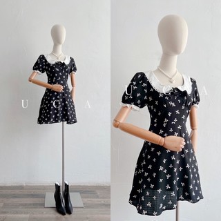 Váy đen cổ bẻ trắng tay bồng cộc họa tiết hoa trắng dáng a ngắn