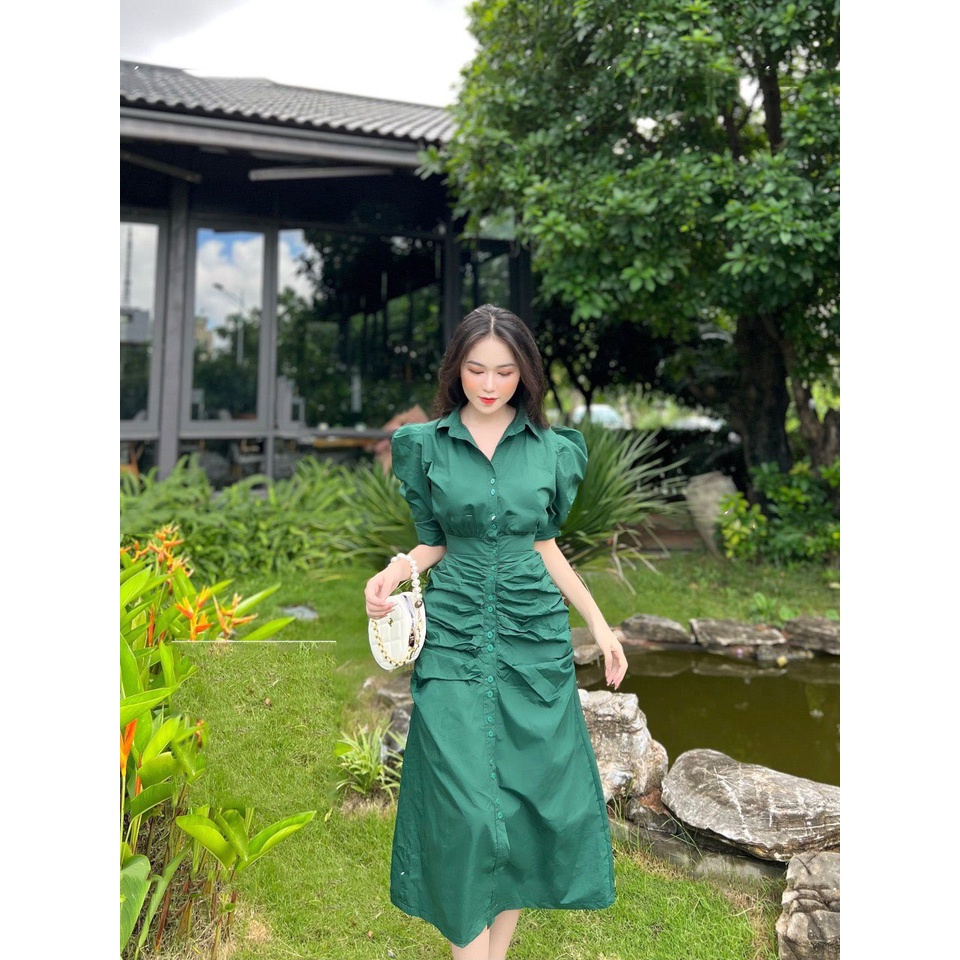 Đầm Nữ , Váy Sơ Mi Bigsize Tay Phồng Phối Nút Dáng Dài 100% Cotton Lạnh Che Khuyết Điểm Cho Người Mập 50.90kg