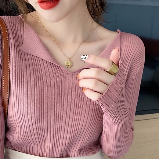 Áo len ZHELIHANGFEI tay dài cổ chữ V kiểu dáng sang trọng