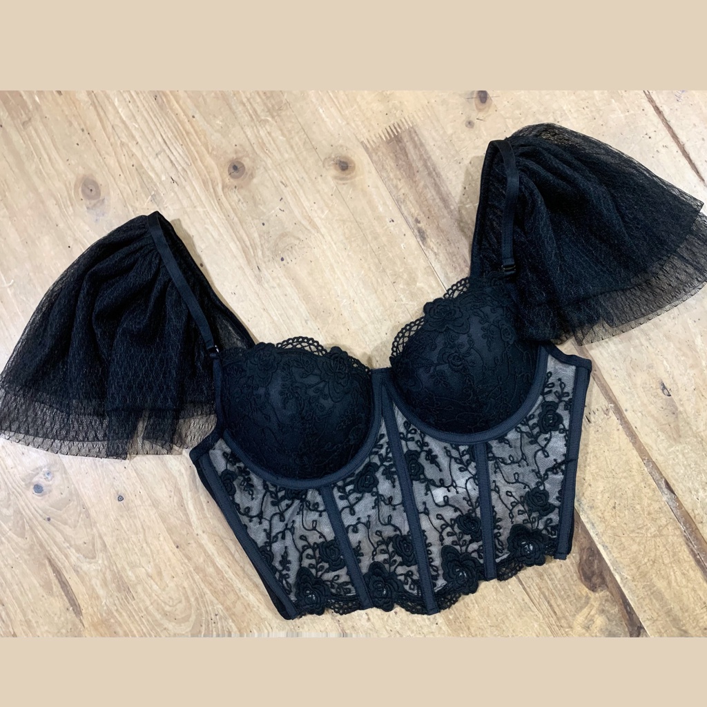 Áo bra corset áo corset ren hoa nổi tay cánh tiên có gọng mút HL004