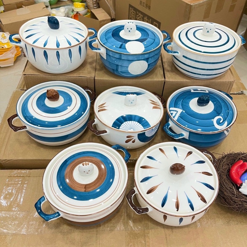 Thố sứ có nắp xanh trắng
