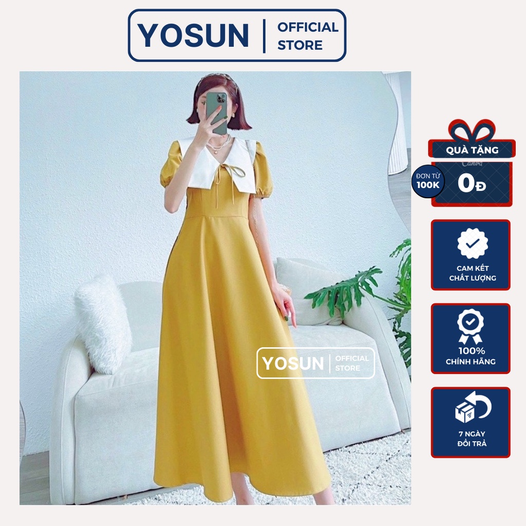 Đầm Nữ Dự Tiệc Cổ Thủy Thủ Trắng Dáng Dài Tiểu Thư Sang Chảnh, Váy Thiết Kế Tay Ngắn Form Xòe Màu Vàng