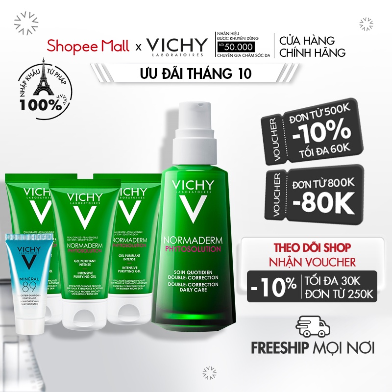 Bộ sản phẩm chăm sóc da hỗ trợ giảm mụn, phục hồi & làm sạch da Vichy Normaderm Phytosolution