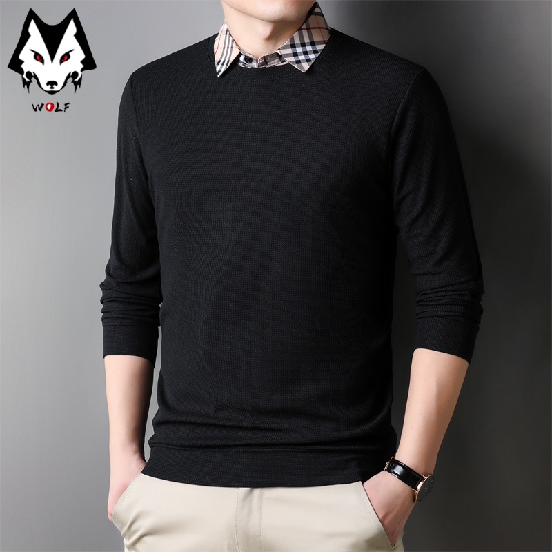 Áo Thun Nam Dài Tay Cổ Tròn Giả Hai Lớp Màu Sắc Thời Trang