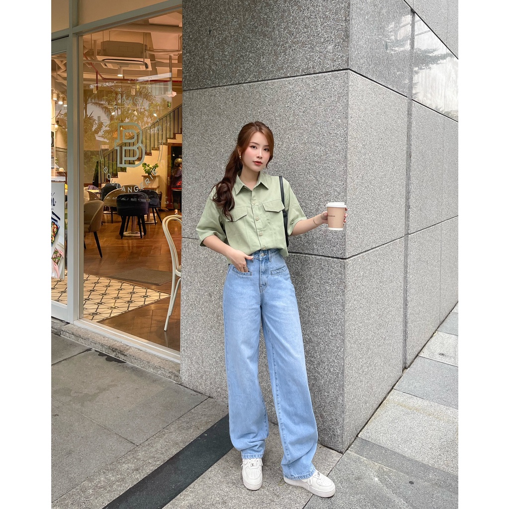 Surichau House - Jeans dáng suông túi trước màu vintage ba màu phong cách trendy