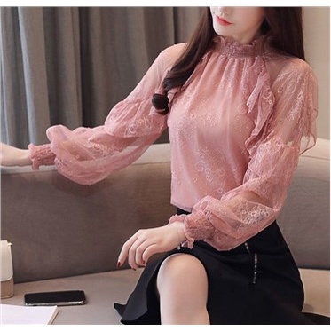 Áo Sơ Mi Chiffon Tay Dài Cổ Cao Phối Ren Phong Cách Phương Tây Hợp Thời Trang Mới