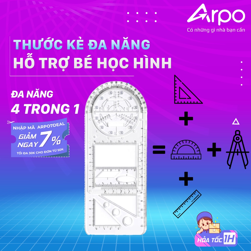 Thước Kẻ Đa Năng 4 Trong 1 - Thước Vẽ Hình Tiện lợi Tích Hợp Ê Ke Thước Kẻ Thước Đo Độ Compa Phù Hợp Cho Trẻ Học Hình