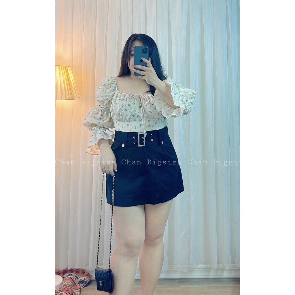[CHAN BIGSIZE]Áo croptop hoa nhí nhún ngực tay phồng bigsize 55-90kg | BigBuy360 - bigbuy360.vn