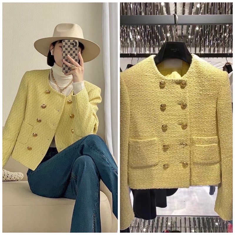 :Ao dạ tweed dạ khuy đồng màu vàng chanh hàng 2 lớp dày dặn đủ size 🥰 lolla_ye_fashion