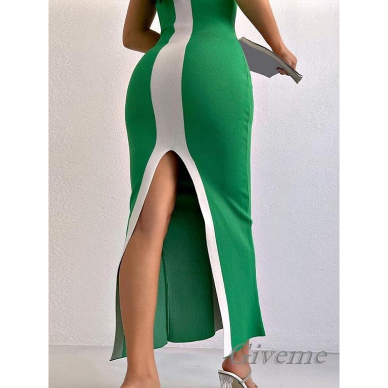 Đầm Midi Dệt Kim Sát Nách Cổ Chữ V Màu Sắc Tương Phản Thời Trang Cho Nữ