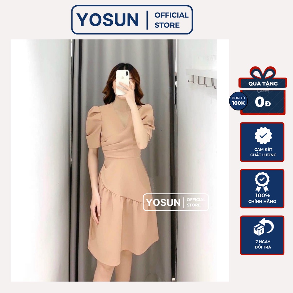 Đầm Nữ Dự Tiệc Cưới Cổ V Tay Ngắn Sang Chảnh, Váy Nữ Thiết Kế Tùng Cách Điệu Sang Trọng 2 Màu Kem Đen