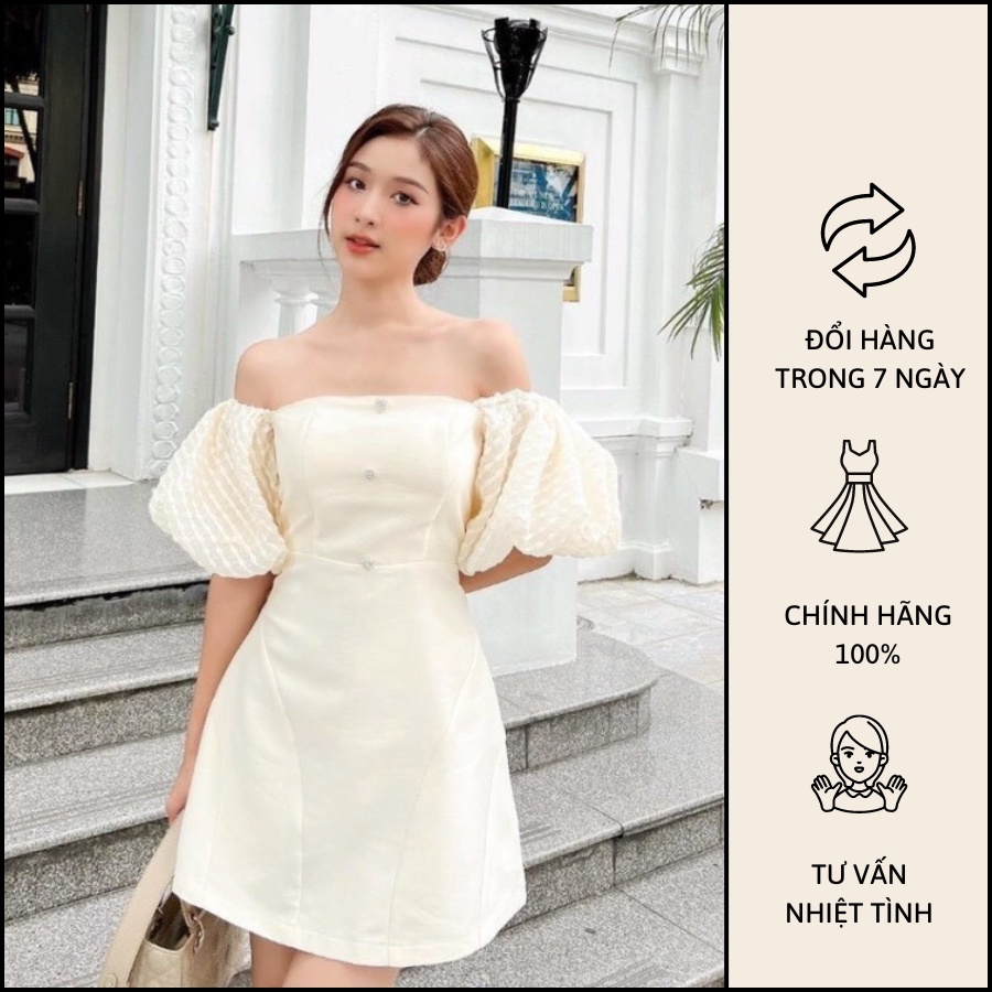 Đầm trễ vai tay phồng 2 màu dễ thương - T0640 Copines