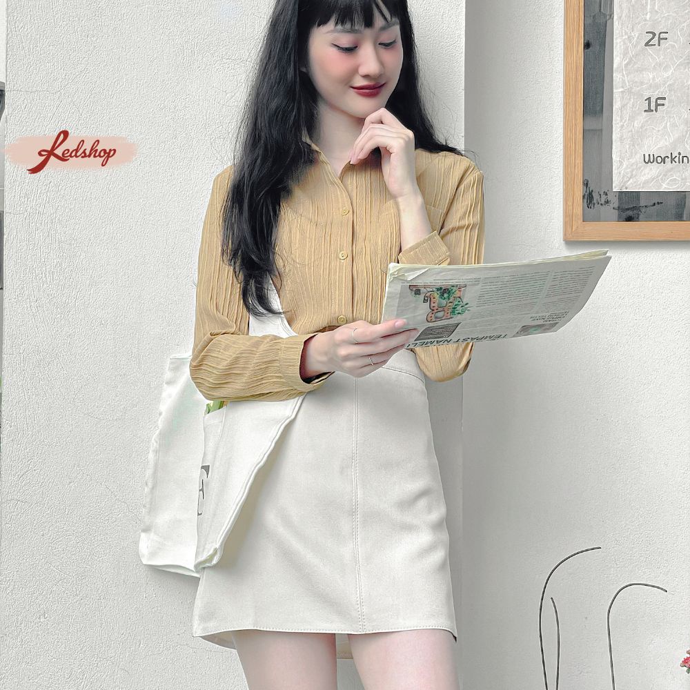 Áo sơ mi công sở nữ tay dài vải đũi sọc gân co giãn  - Red Shop