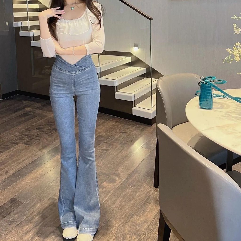 Hot Girl Quần Jeans Ống Loe Lưng Cao Co Giãn Không Dây Kéo Phong Cách Retro Đường Phố Mỹ Mùa Xuân Mới Dành Cho Bạn Nữ