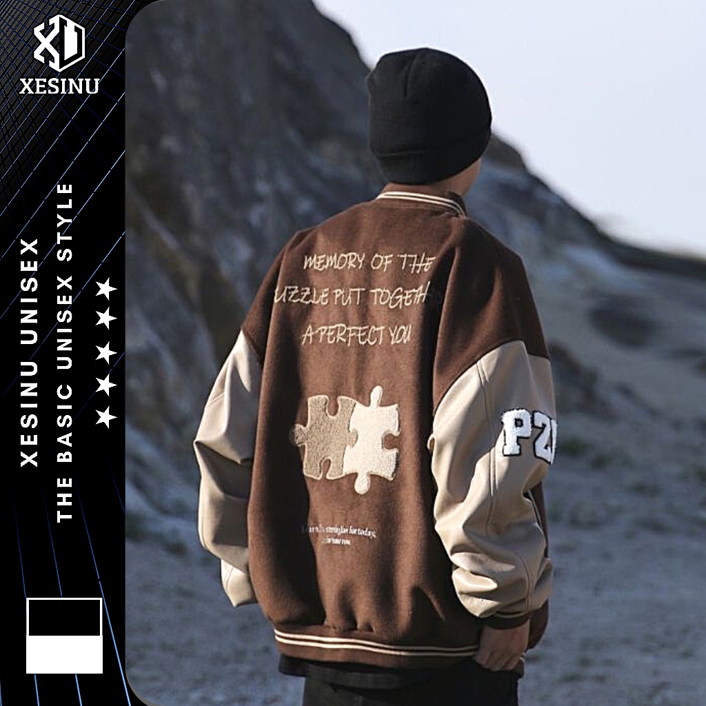 Áo khoác vasity thêu tay da XESINU A Chock Lucky áo khoác bomber jacket họa tiết thêu tay da chữ A phía trước.
