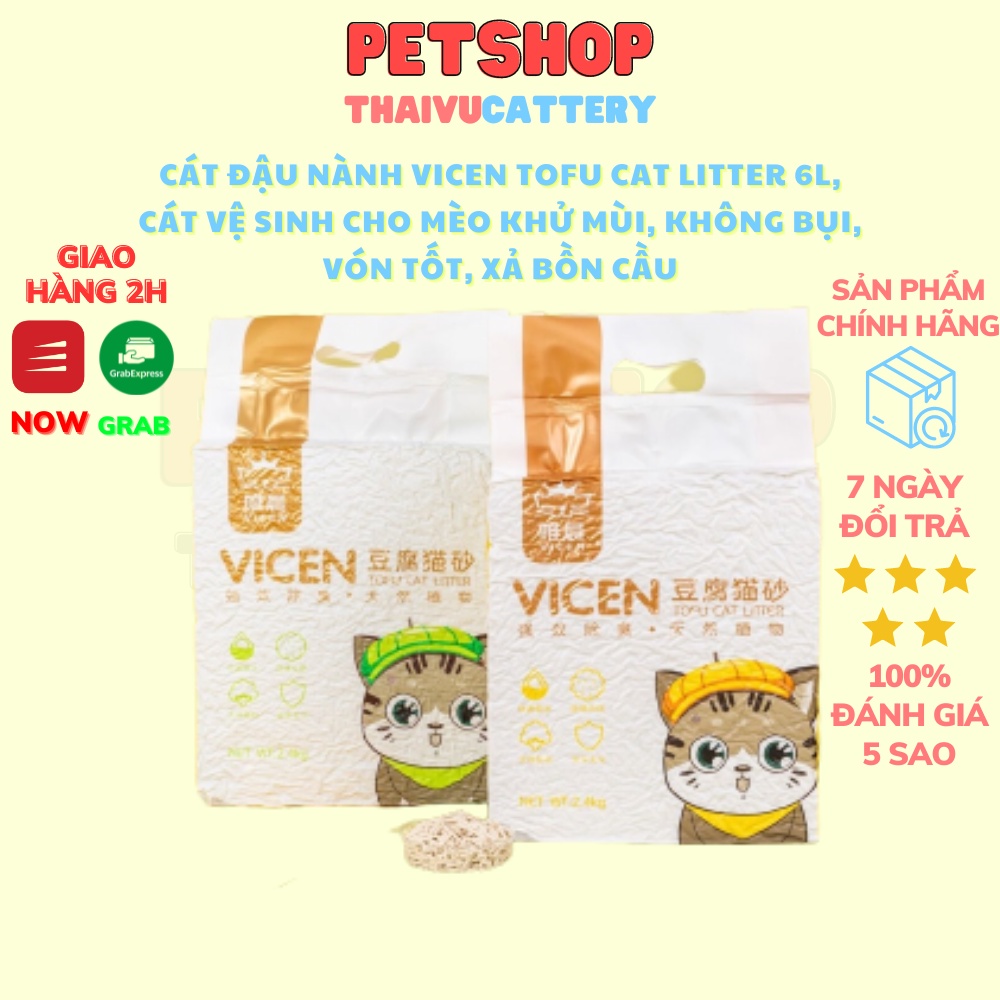 Cát đậu nành VINCEN TOFU CAT LITTER 6L, cát vệ sinh cho mèo khử mùi, không bụi, vón tốt, xả được bồn cầu