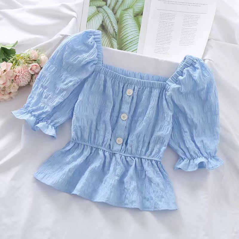 Áo Sơ Mi Tay Ngắn Phồng Xếp Ly Ôm Dáng Phong Cách Pháp Thời Trang Cho Nữ 11-14 Tuổi