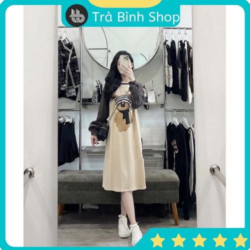 Đầm suông thu đông dáng dài chất liệu nỉ da cá in họa tiết hình gấu, Váy gấu dài tay VG299 Trabinhshop
