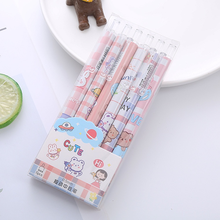 [V0039] Set 6 bút bi bấm mực gel đen hoạt hình nhiều màu sắc dễ thương December08.store