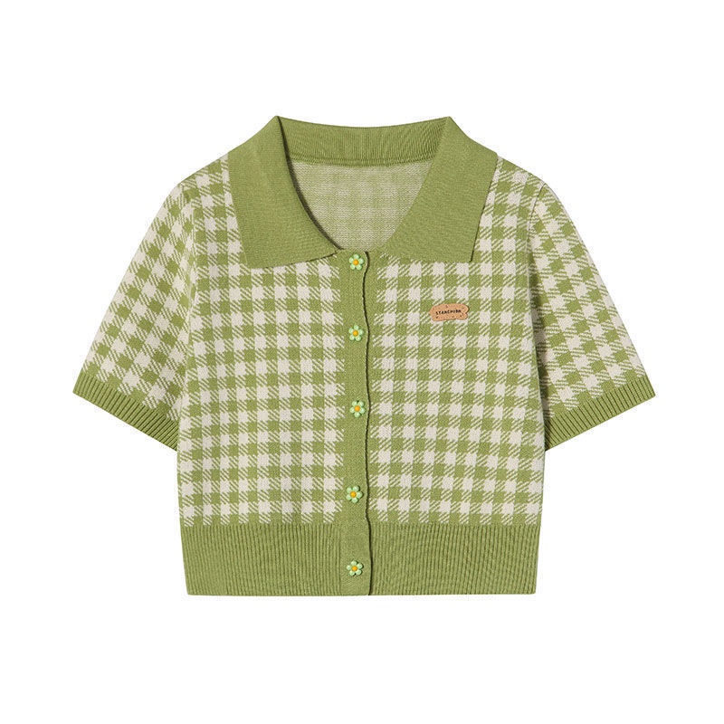 Áo Sweater Ngắn Tay Họa Tiết Sọc Caro Phong Cách Hàn Quốc Thời Trang Mùa Hè Cho Nữ