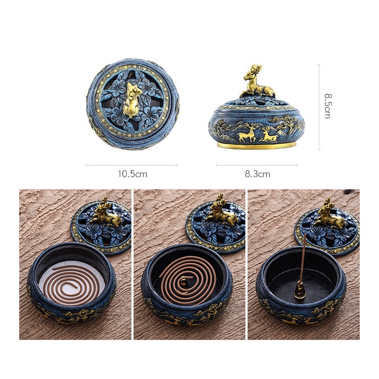 Lư Hương Đốt trầm, Xông Trầm Hương Họa Tiết Hươu May Mắn Bằng Chất Liệu Gốm Composite Chịu Nhiệt