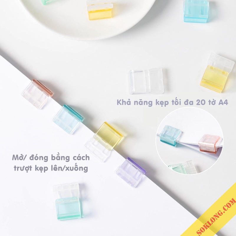 Kẹp tài liệu cài bấm nhựa mini Pastel K77 Kẹp cài giữ tài liệu vuông trong suốt màu pastel VPPTUEMINH