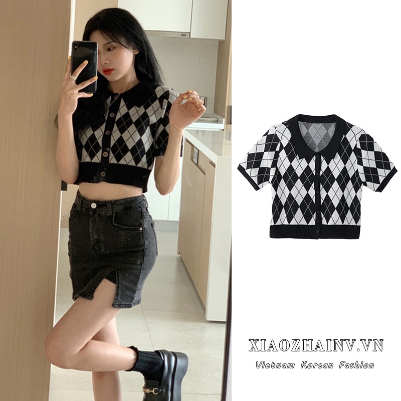 Xiaozhainv Áo Croptop Dệt Kim Họa Tiết Caro Phong Cách Vintage Thời Trang Mùa Hè Cho Nữ