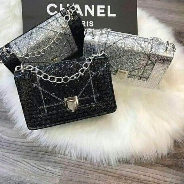 Túi xách đeo chéo nữ nhũ kim tuyến dáng hộp vuông phối xích cá tính năng động 💚