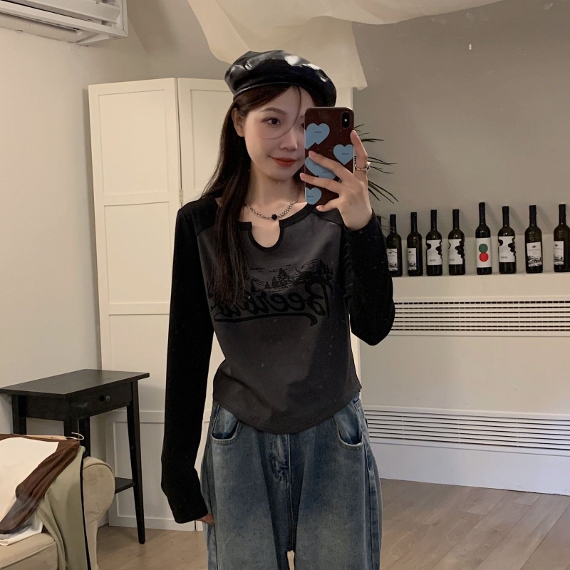 Áo thun NZN tay dài in chữ phối màu tương phản cá tính thời trang Hàn Quốc cho nữ