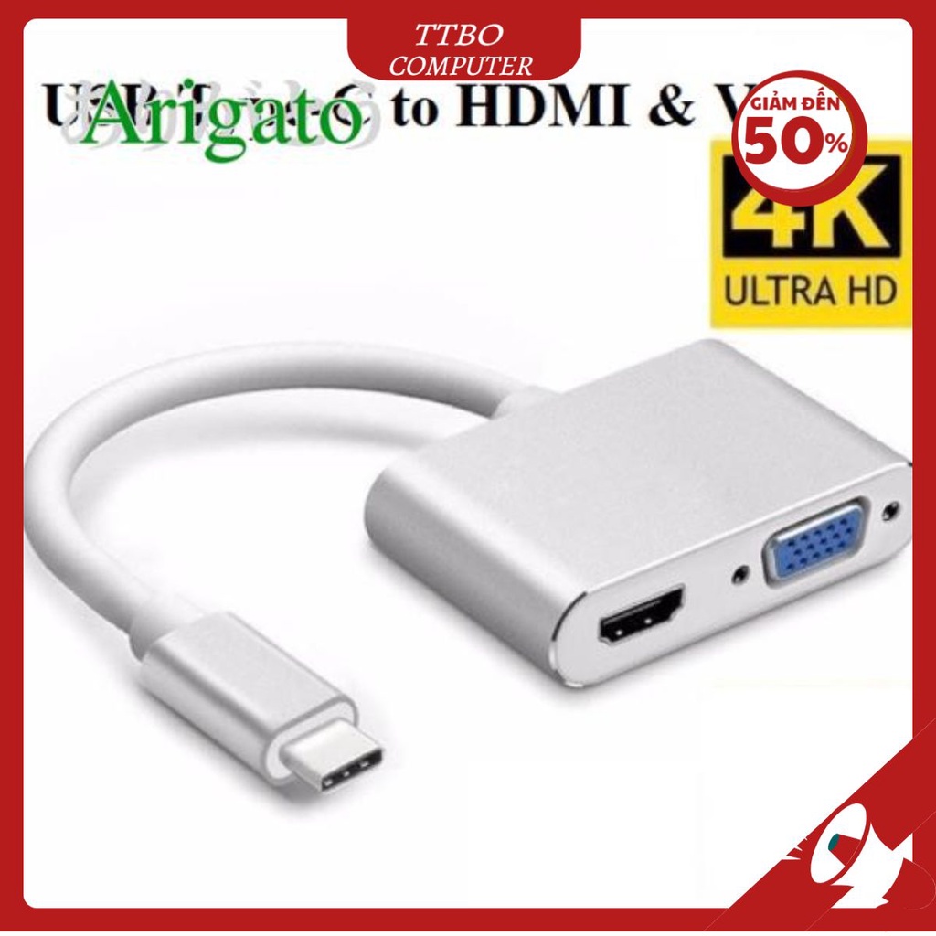 Cáp Chuyển Usb Type-C to HDMI & VGA 4k ARIGATO Đảm Bảo Chất Lượng.TCRH1 TTBO COMPUTER