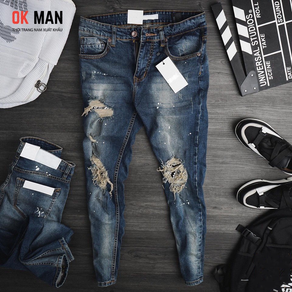 Quần jean nam rách, vẩy sơn, form dáng slimfit, màu xanh biển, co giãn tốt, OkMan