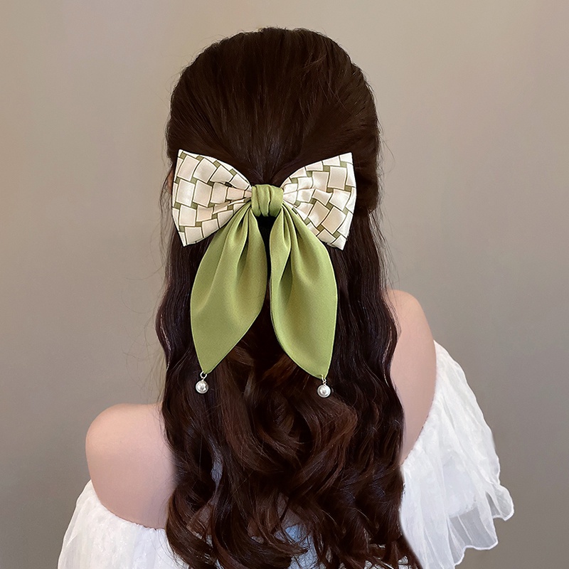 Dây Buộc Tóc Ruy Băng Thắt Nơ Màu Xanh Lá Cây Bản Lớn Thời Trang Cho Nữ