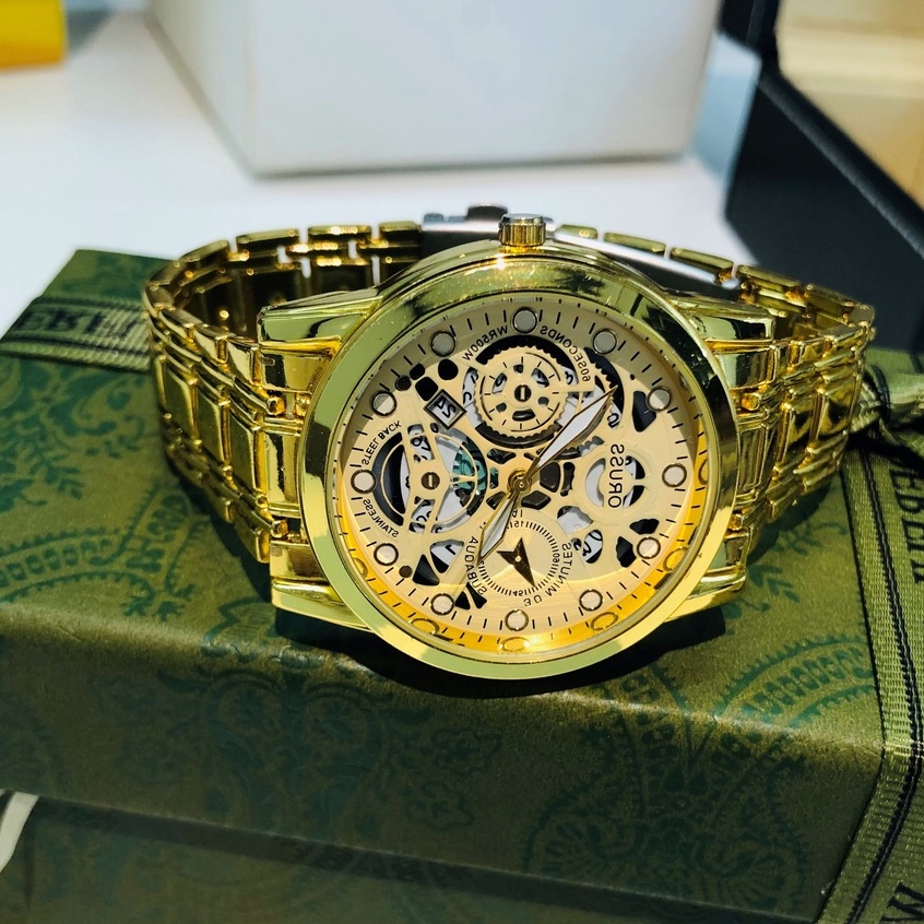 Đồng hồ nam automatic dây kim loại cao cấp màu vàng thời trang lịch chống nước