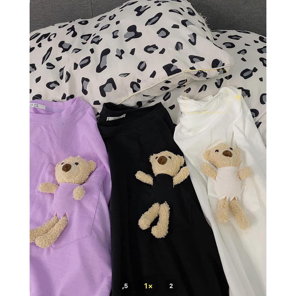 Áo Thun Da Cá TEDDY BEAR Nữ ♥ Phông dài tay oversize dáng rộng phối túi gấu màu ĐEN | TRẮNG | TÍM Ulzzang ♥ ™️