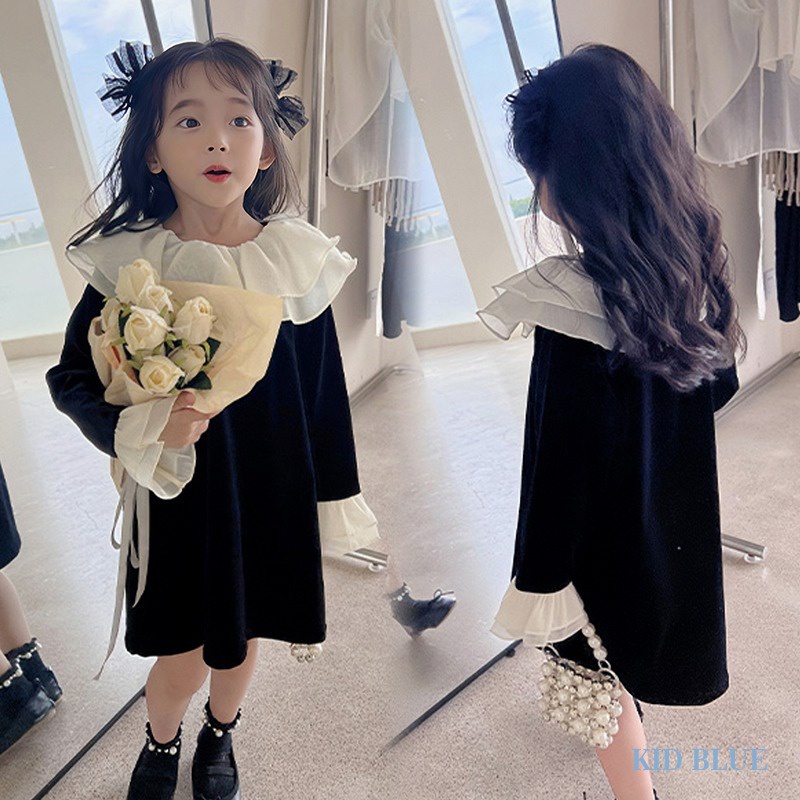 Đầm Nhung Dài Tay Hai Lớp Cổ Búp Bê Thời Trang Hàn Quốc Cho Bé Gái